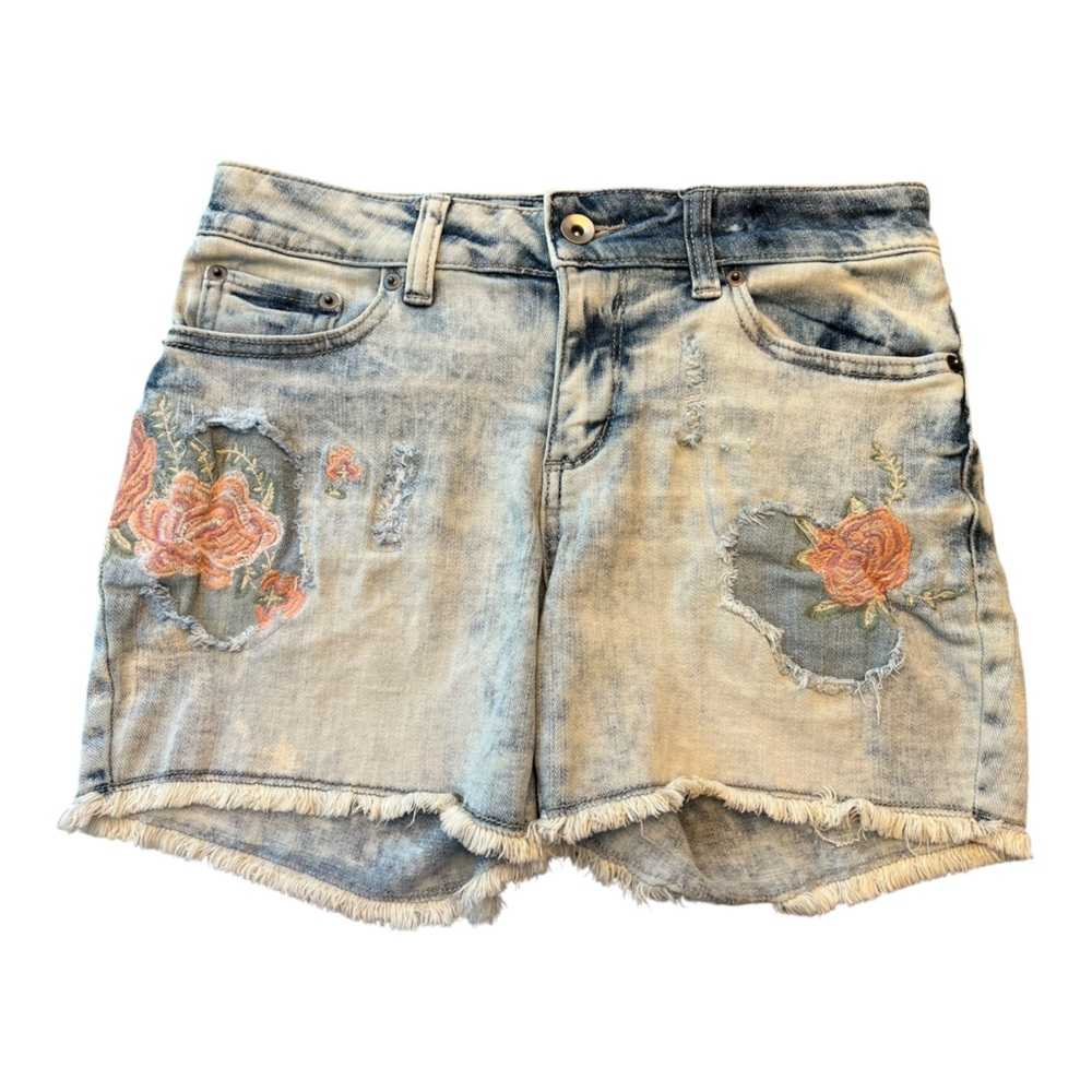 Time and Tru Blue Jean Cut-Off Shorts Size 4 Rose Appliqué Embroidered Denim